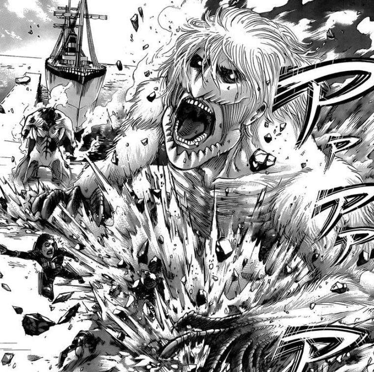 为了增加战力,法尔克也变身巨人战斗,但是第一次变巨人都会失去理智