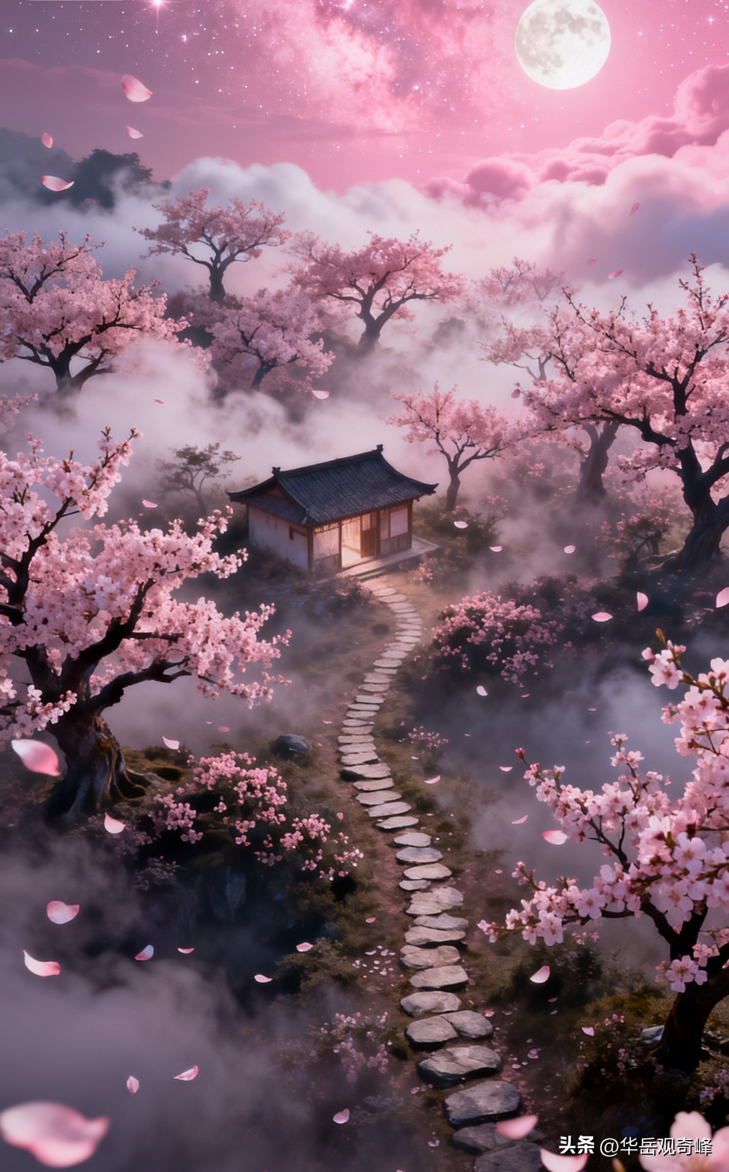 俯瞰仙境十里桃林:粉瓣飘处藏神话,星河月下有仙居 !