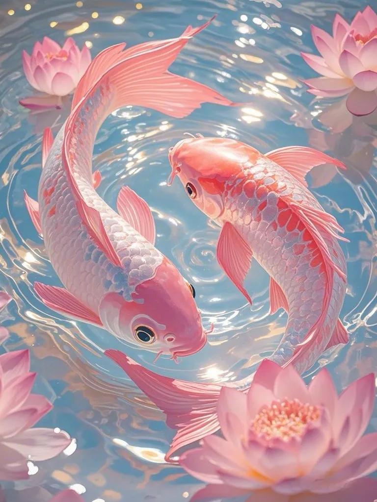 锦鲤附体,好运莲莲,美丽的粉色梦幻荷花锦鲤