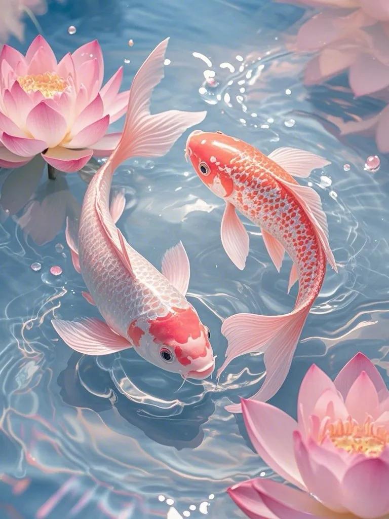 锦鲤附体,好运莲莲,美丽的粉色梦幻荷花锦鲤