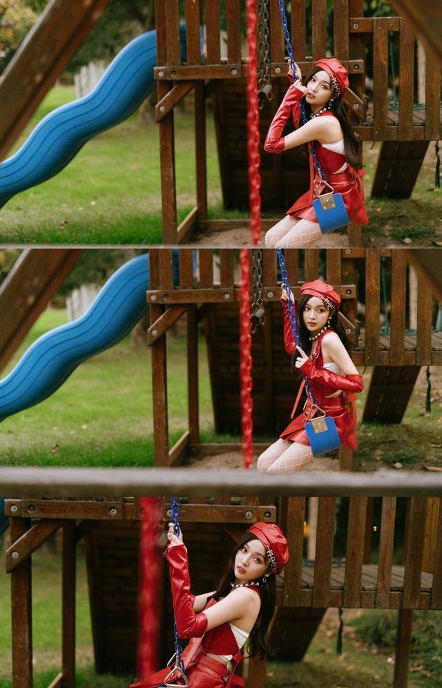 红色复古皮裙搭配白色丝袜,纯情妩媚,甜美梦幻