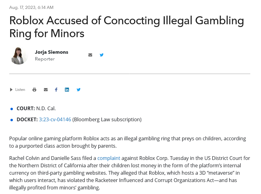 Roblox Accused of Concocting Illegal Gambling Ring for Minors