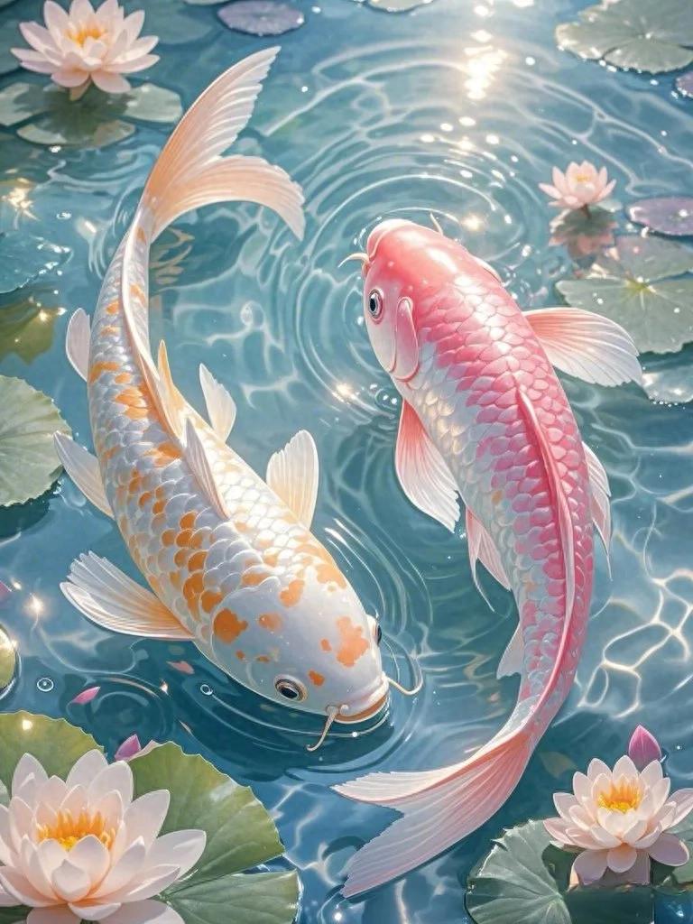 锦鲤附体,好运莲莲,美丽的粉色梦幻荷花锦鲤